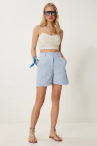 Happiness İstanbul Women's Sky Blue Fringed City Length Linen Shorts - Image 2