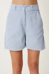 Happiness İstanbul Women's Sky Blue Fringed City Length Linen Shorts - Image 3
