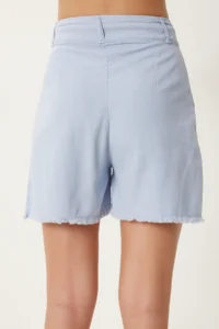 Happiness İstanbul Women's Sky Blue Fringed City Length Linen Shorts - Image 5
