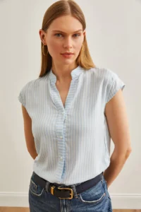 Olalook Women's Baby Blue White V-Neck Striped Viscose Shirt