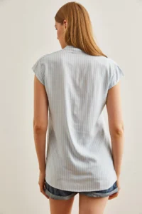 Olalook Women's Baby Blue White V-Neck Striped Viscose Shirt - Image 2