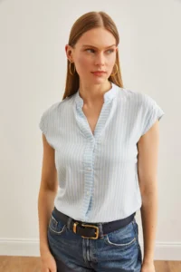 Olalook Women's Baby Blue White V-Neck Striped Viscose Shirt - Image 3