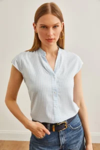 Olalook Women's Baby Blue White V-Neck Striped Viscose Shirt - Image 4