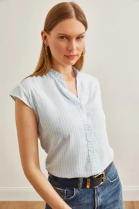 Olalook Women's Baby Blue White V-Neck Striped Viscose Shirt - Image 5