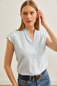 Olalook Women's Baby Blue White V-Neck Striped Viscose Shirt - Image 6