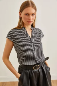 Olalook Women's Black V-Neck Striped Viscose Shirt