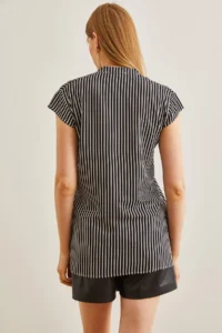 Olalook Women's Black V-Neck Striped Viscose Shirt - Image 2