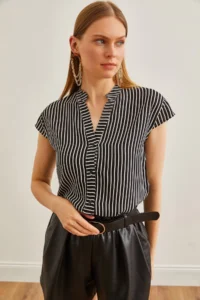 Olalook Women's Black V-Neck Striped Viscose Shirt - Image 3