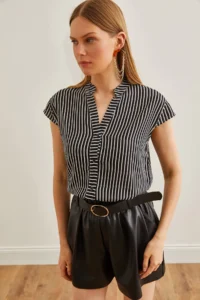Olalook Women's Black V-Neck Striped Viscose Shirt - Image 4