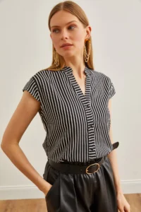 Olalook Women's Black V-Neck Striped Viscose Shirt - Image 5
