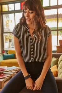 Olalook Women's Navy Blue V-Neck Striped Viscose Shirt - Image 2