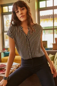Olalook Women's Navy Blue V-Neck Striped Viscose Shirt - Image 3