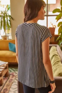Olalook Women's Navy Blue V-Neck Striped Viscose Shirt - Image 4