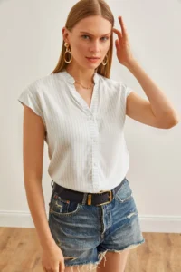 Olalook Women's White Baby Blue V-Neck Striped Viscose Shirt