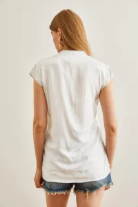 Olalook Women's White Baby Blue V-Neck Striped Viscose Shirt - Image 2