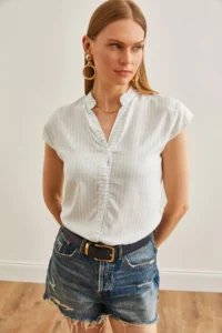 Olalook Women's White Baby Blue V-Neck Striped Viscose Shirt - Image 3