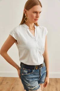 Olalook Women's White Baby Blue V-Neck Striped Viscose Shirt - Image 4