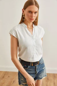 Olalook Women's White Baby Blue V-Neck Striped Viscose Shirt - Image 5