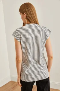 Olalook Women's White Black V-Neck Striped Viscose Shirt - Image 2