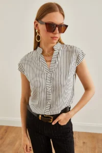 Olalook Women's White Black V-Neck Striped Viscose Shirt - Image 3