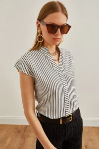 Olalook Women's White Black V-Neck Striped Viscose Shirt - Image 4
