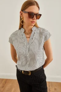 Olalook Women's White Black V-Neck Striped Viscose Shirt - Image 5