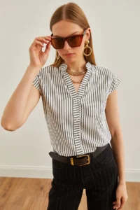 Olalook Women's White Black V-Neck Striped Viscose Shirt - Image 6