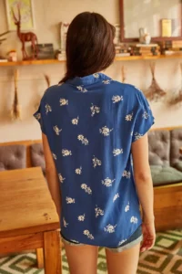 Olalook Women's Blue White Floral Bat Shirt - Image 4