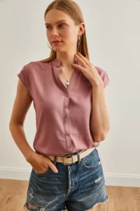 Olalook Women Dusty Rose V-neck Shirt - Image 4