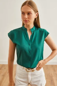 Olalook Women Emerald Green V-neck Shirt - Image 3