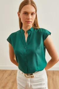 Olalook Women Emerald Green V-neck Shirt - Image 5