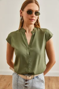Olalook Women Khaki V-neck Shirt