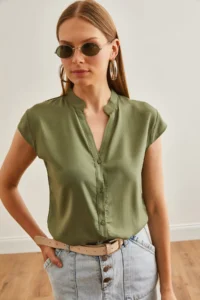 Olalook Women Khaki V-neck Shirt - Image 3