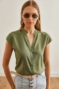Olalook Women Khaki V-neck Shirt - Image 4