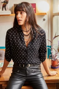 Olalook Women's Black Sleeve Folded Polka Dot Shirt - Image 4