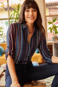 Olalook Women's Navy Blue Sleeve Folded Ethnic Patterned Shirt - Image 2