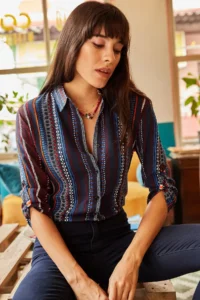Olalook Women's Navy Blue Sleeve Folded Ethnic Patterned Shirt - Image 3