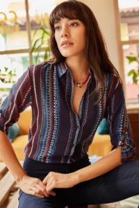 Olalook Women's Navy Blue Sleeve Folded Ethnic Patterned Shirt - Image 4