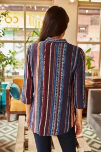 Olalook Women's Navy Blue Sleeve Folded Ethnic Patterned Shirt - Image 5