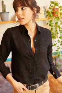 Olalook Women's Black Slim Corduroy Shirt