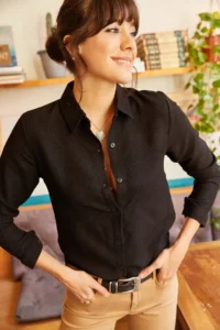 Olalook Women's Black Slim Corduroy Shirt - Image 3