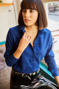 Olalook Women Blue Thin Ribbed Velvet Shirt - Image 2