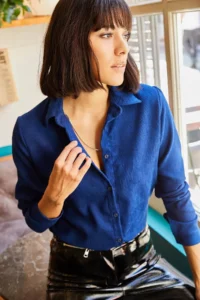 Olalook Women Blue Thin Ribbed Velvet Shirt - Image 3