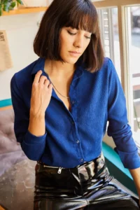 Olalook Women Blue Thin Ribbed Velvet Shirt - Image 4