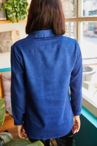 Olalook Women Blue Thin Ribbed Velvet Shirt - Image 5
