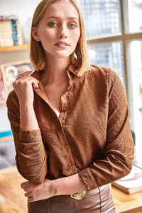 Olalook Women's Brown Slim Corduroy Shirt
