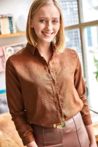 Olalook Women's Brown Slim Corduroy Shirt - Image 3