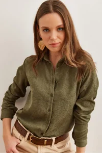 Olalook Women's Light Khaki Slim Corduroy Shirt