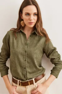 Olalook Women's Light Khaki Slim Corduroy Shirt - Image 3