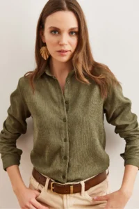 Olalook Women's Light Khaki Slim Corduroy Shirt - Image 4